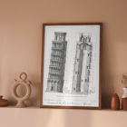 Illustration of the Campanile di Pisa by G.L. Taylor. Poster of architectural drawing of the Leaning Tower of Pisa titled Campanile di Pisa by G.L. Taylor featuring elevations and section views.