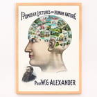 Popular Lectures on Human Nature book cover illustration of a phrenology diagram by an unidentified artist Poster of a phrenology-inspired illustration showcasing scenes of human activities inside a profile head Popular Lectures on Human Nature