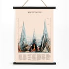Illustration of various mountains by James Reynolds in the artwork Mountains. Poster of Mountains by James Reynolds depicting artistic interpretation of various tall peaks with vibrant colors and details.