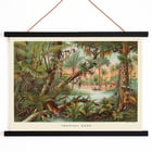 Tropical Zone by Levi Walter Yaggy depicting vibrant jungle scene with wildlife and people near a river. Poster of a vibrant jungle scene with wildlife and people by Levi Walter Yaggy titled Tropical Zone.