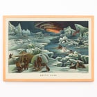 Arctic landscape with igloos and aurora by Levi Walter Yaggy titled Arctic Zone Poster of Arctic scene with icebergs, people in winter attire, igloo, sled dogs, and aurora by Levi Walter Yaggy titled Arctic Zone