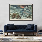 Arctic landscape with igloos and aurora by Levi Walter Yaggy titled Arctic Zone Poster of Arctic scene with icebergs, people in winter attire, igloo, sled dogs, and aurora by Levi Walter Yaggy titled Arctic Zone
