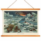 Arctic landscape with igloos and aurora by Levi Walter Yaggy titled Arctic Zone Poster of Arctic scene with icebergs, people in winter attire, igloo, sled dogs, and aurora by Levi Walter Yaggy titled Arctic Zone