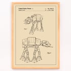Star Wars AT-AT Patent by Lucas Jr featuring mechanical design sketches in a framed illustration. Star Wars AT-AT Patent poster featuring technical sketches by Lucas Jr artist depicting iconic sci-fi vehicle design.