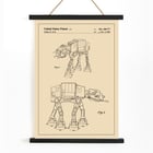 Star Wars AT-AT Patent by Lucas Jr featuring mechanical design sketches in a framed illustration. Star Wars AT-AT Patent poster featuring technical sketches by Lucas Jr artist depicting iconic sci-fi vehicle design.