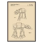 Star Wars AT-AT Patent by Lucas Jr featuring mechanical design sketches in a framed illustration. Star Wars AT-AT Patent poster featuring technical sketches by Lucas Jr artist depicting iconic sci-fi vehicle design.