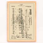Flute Patent by D Julliot features detailed technical drawings of a flute design. Poster featuring a detailed flute design patent by D. Julliot titled Flute Patent against a vintage background with annotations.