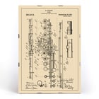 Flute Patent by D Julliot features detailed technical drawings of a flute design. Poster featuring a detailed flute design patent by D. Julliot titled Flute Patent against a vintage background with annotations.