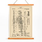 Flute Patent by D Julliot features detailed technical drawings of a flute design. Poster featuring a detailed flute design patent by D. Julliot titled Flute Patent against a vintage background with annotations.