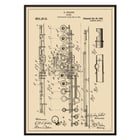 Flute Patent by D Julliot features detailed technical drawings of a flute design. Poster featuring a detailed flute design patent by D. Julliot titled Flute Patent against a vintage background with annotations.