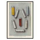 Lilly-Solvets für Lösungen von Eli Lilly and Company mit bunten chemischen Proben in Glasröhrchen. Poster mit verschiedenen bunten Fläschchen mit Tabletten von Lilly Solvets für Lösungen von Eli Lilly & Company.