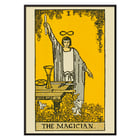 Der Magier aus dem illustrierten Schlüssel zum Tarot von Lauron William de Laurence zeigt eine Figur mit erhobenem Zauberstab und einer Tabelle mit Symbolen Poster der Tarotkarte „Der Magier“ zeigt eine Figur mit erhobenem Arm und Symbolen von Lauron William de Laurence.