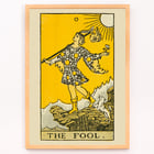 The Fool tarot card illustration by Lauron William de Laurence featuring a whimsical character and a small dog on a cliff. The Fool tarot card poster by Lauron William de Laurence depicts a figure on a cliff with a dog beneath a bright yellow background.