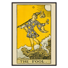 The Fool tarot card illustration by Lauron William de Laurence featuring a whimsical character and a small dog on a cliff. The Fool tarot card poster by Lauron William de Laurence depicts a figure on a cliff with a dog beneath a bright yellow background.