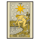 The Star tarot card by Lauron William de Laurence featuring a woman with jugs under starlit sky. Tarot poster featuring The Star by Lauron William de Laurence with a woman pouring water under a night sky with stars.