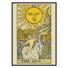 Illustration de la carte de tarot Le Soleil de La Clé Illustrée du Tarot de Lauron William de Laurence représentant un soleil radieux au-dessus d'un enfant chevauchant un cheval blanc. Affiche de cartes de tarot représentant Le Soleil de Lauron William de Laurence tirée de La Clé illustrée du Tarot.