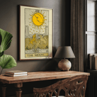 The Moon tarot card featuring sun and animals from The Illustrated Key to the Tarot by Lauron William de Laurence Poster of The Moon by Lauron William de Laurence featuring a tarot card with dogs howling at a moon with a face.