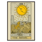 The Moon tarot card featuring sun and animals from The Illustrated Key to the Tarot by Lauron William de Laurence Poster of The Moon by Lauron William de Laurence featuring a tarot card with dogs howling at a moon with a face.
