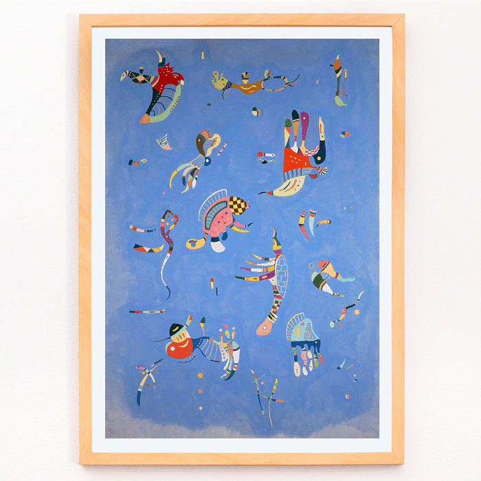 Obra abstracta azul de Wassily Kandinsky titulada Bleu de Ciel con formas geométricas coloridas Póster de Bleu de Ciel de Wassily Kandinsky que muestra formas abstractas en colores vibrantes sobre un fondo azul.