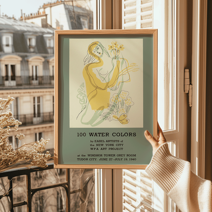 Ilustración en acuarela del proyecto de arte WPA de artistas de caballete de la ciudad de Nueva York Póster muestra el trabajo del Proyecto de Arte WPA de la Ciudad de Nueva York titulado 100 Acuarelas de Artistas de Caballete que representan a una mujer con flores.
