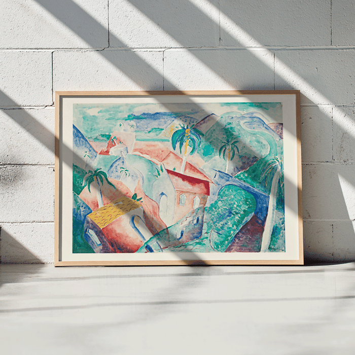 Representación abstracta y colorida de una escena tropical en Paisaje cubano de Paul Gaulois Póster presenta una vibrante pintura de paisaje cubano de Paul Gaulois con palmeras y casas coloridas en un entorno pintoresco