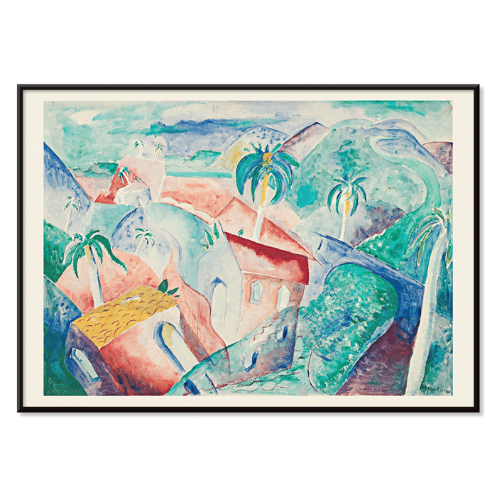 Representación abstracta y colorida de una escena tropical en Paisaje cubano de Paul Gaulois Póster presenta una vibrante pintura de paisaje cubano de Paul Gaulois con palmeras y casas coloridas en un entorno pintoresco