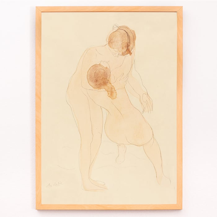 Dessin de deux figures d'Auguste Rodin représentant deux personnages enlacés Poster avec Deux figures d'Auguste Rodin présentant deux personnages nus dans une étreinte délicate sur un fond clair