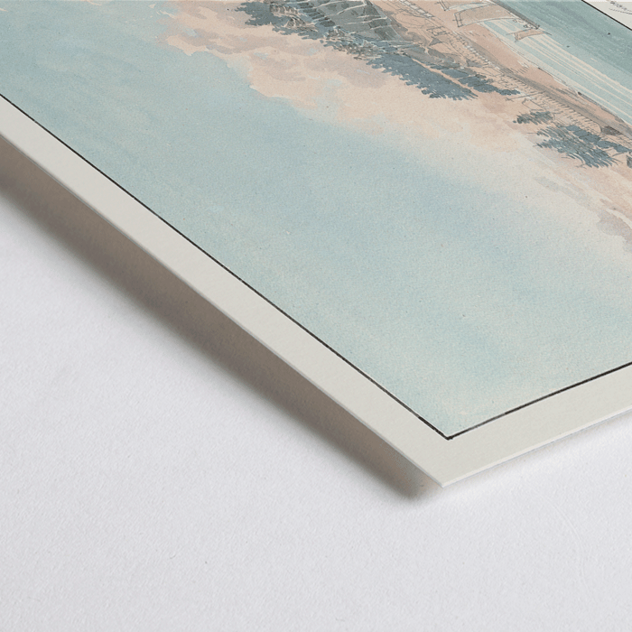 Cuadro de un pueblo costero de Charles Hamilton Smith titulado Friendly Cove Nootka Sound Póster de un paisaje costero con veleros y una colina boscosa titulada Friendly Cove Nootka Sound por Charles Hamilton Smith