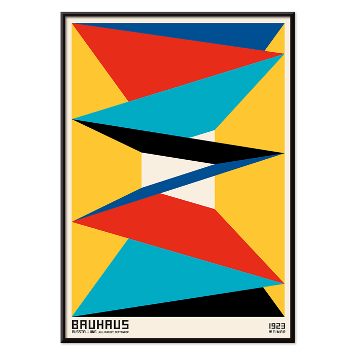 Póster Bauhaus con obra de arte abstracta geométrica n.° 16 Póster Bauhaus n.° 16 con formas geométricas vibrantes en rojo, azul, negro y amarillo dispuestas en un patrón simétrico enmarcado.