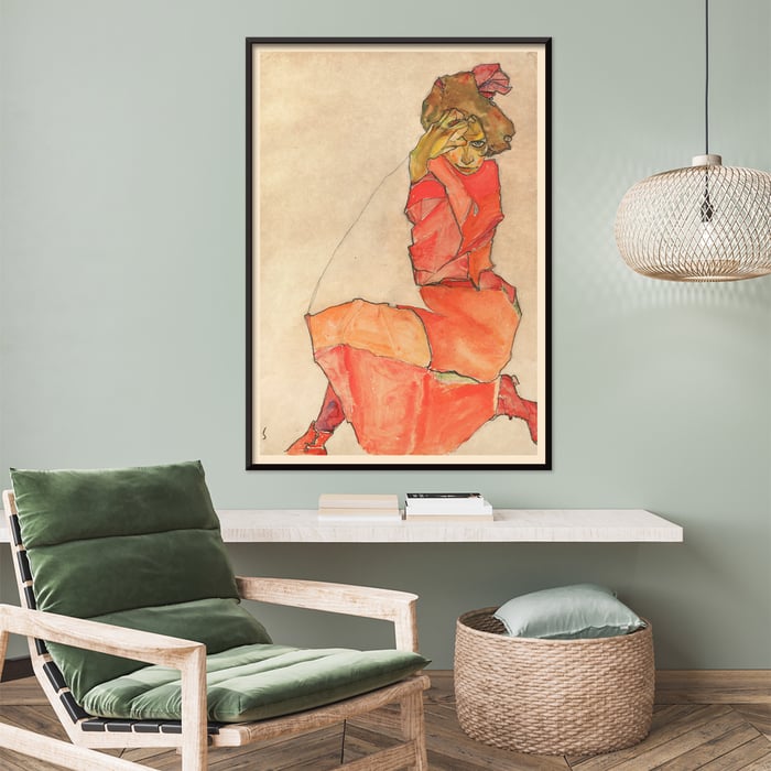 Mujer arrodillada con vestido rojo anaranjado de Egon Schiele, obra de arte pictórico expresivo Póster de Mujer arrodillada con vestido rojo anaranjado de Egon Schiele que muestra a una mujer en una pose vibrante y expresiva.