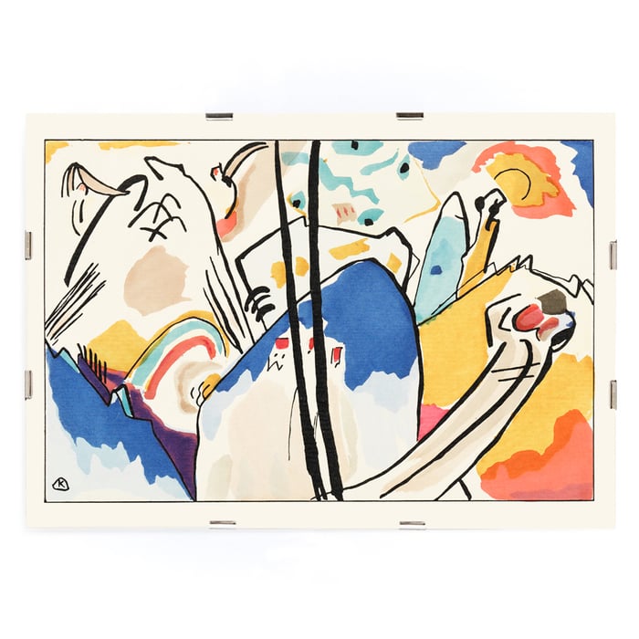 Obra de arte expresionista abstracta Der Blaue Reiter de Wassily Kandinsky con colores vibrantes y formas dinámicas. Póster de arte abstracto con colores vibrantes y formas geométricas titulado Der Blaue Reiter de Wassily Kandinsky.
