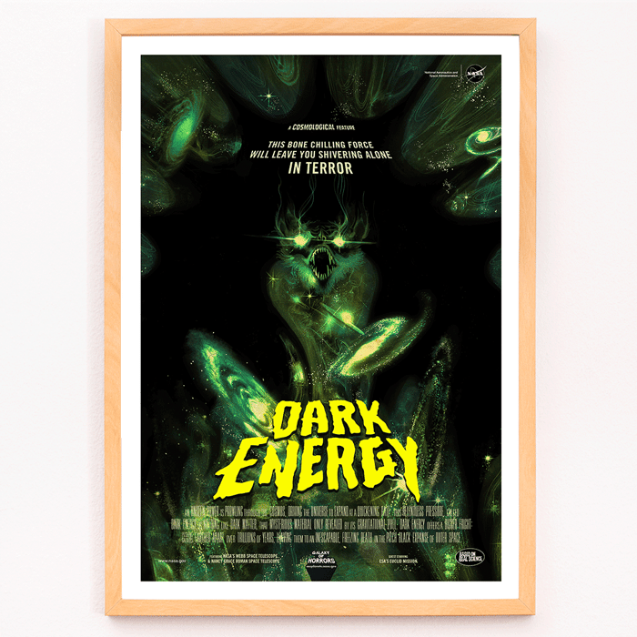 Energía oscura del monstruo alienígena de la NASA en una obra de arte con temática espacial Póster de Dark Energy de la NASA con una ilustración oscura y espeluznante de temática espacial que presenta una figura amenazante y un texto verde brillante.