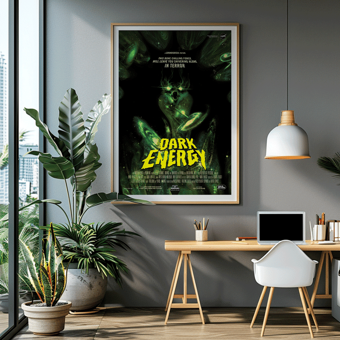 Energía oscura del monstruo alienígena de la NASA en una obra de arte con temática espacial Póster de Dark Energy de la NASA con una ilustración oscura y espeluznante de temática espacial que presenta una figura amenazante y un texto verde brillante.