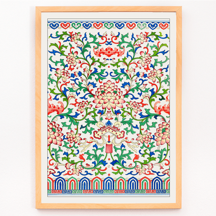 Ilustración botánica china de Owen Jones de Examples of Chinese Ornament que presenta patrones florales intrincados y colores vibrantes Póster botánico que muestra patrones florales intrincados y colores vibrantes de la obra de arte Ejemplos de adornos chinos de Owen Jones