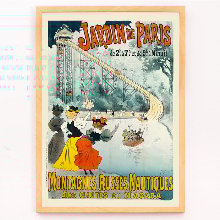 Montagnes Russes Nautiques Dites Chutes Du Niagara de Georges Meunier mettant en vedette une scène de parc d'attractions vintage avec des femmes élégamment vêtues et un manège aquatique. Poster de Montagnes Russes Nautiques Dites Chutes Du Niagara de Georges Meunier montrant une balade aquatique avec des gens qui regardent.
