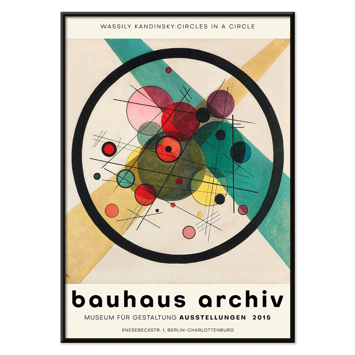 Cartel de la exposición Bauhaus Círculos en un círculo de Wassily Kandinsky con formas geométricas abstractas Póster Círculos en un círculo de Wassily Kandinsky para la exposición Bauhaus Archiv que presenta una composición abstracta de círculos y líneas