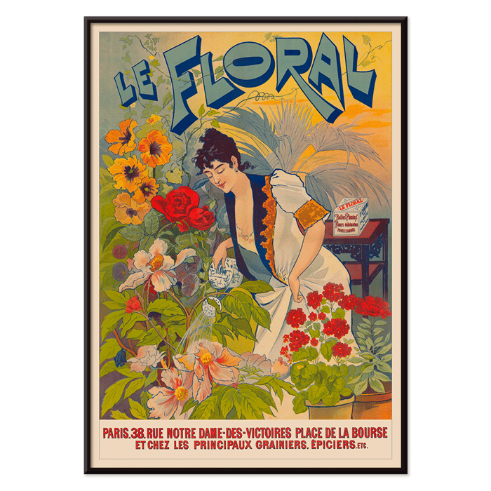 Obra de arte floral que representa a una mujer cuidando flores vibrantes. Póster de una mujer regando flores de colores con Le Floral en letras en negrita en el fondo titulado Le Floral.