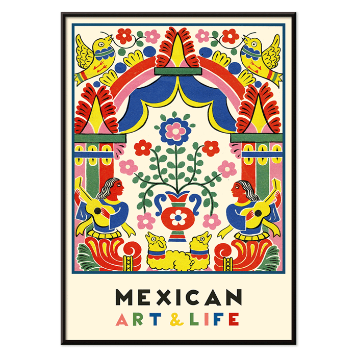 Illustration d'art populaire colorée de Mexican Art and Life par Carlos Merida mettant en vedette des oiseaux et des musiciens vibrants. Affiche d'art populaire colorée avec des musiciens, des fleurs, des oiseaux et des motifs vibrants. Numéro Art et Vie Mexicains par Anonymous.