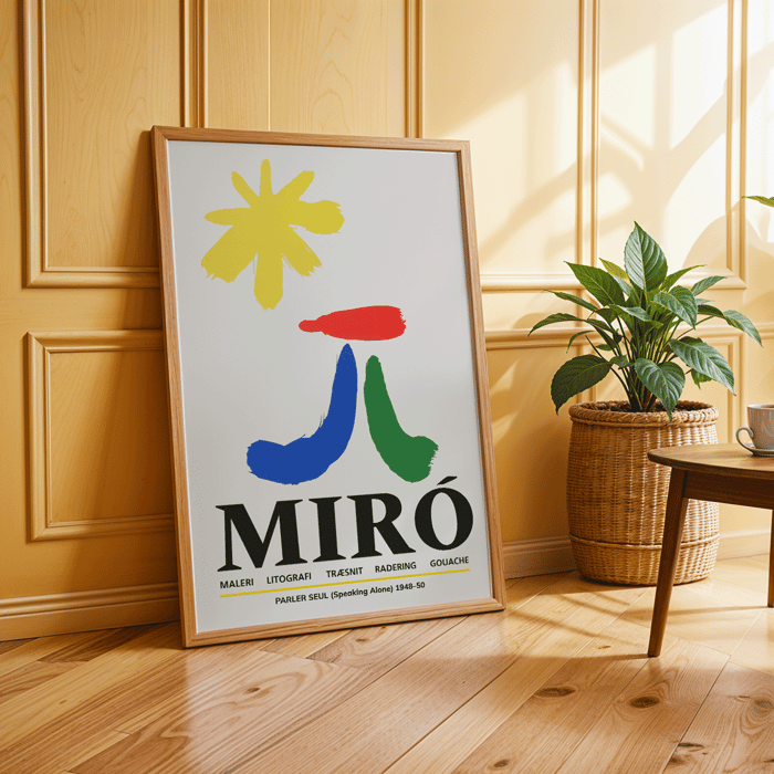 Cartel de la exposición Parler Seul de Joan Miró con formas abstractas coloridas Cartel de la exposición Parler Seul de Joan Miró con formas abstractas de colores sobre un fondo claro.