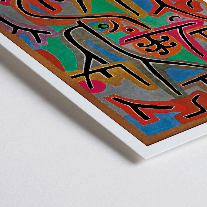 Cartel de la exposición que presenta la pintura abstracta Parque cerca de Lu de Paul Klee. Póster de la obra de arte Park Near Lu de Paul Klee que presenta formas abstractas vibrantes y líneas atrevidas en diversos colores.