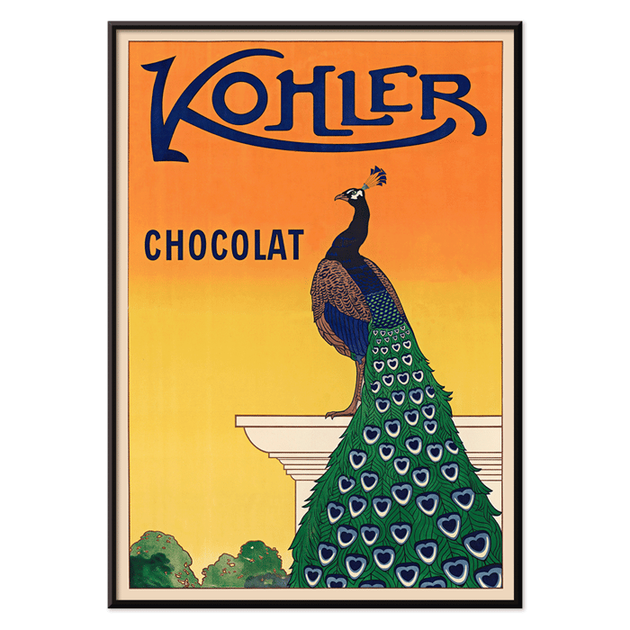 Kohler Chocolat de F. Champenois représentant un paon sur une affiche art nouveau Poster mettant en vedette un paon vibrant sur un piédestal par F Champenois pour Kohler Chocolat sur un fond orange.