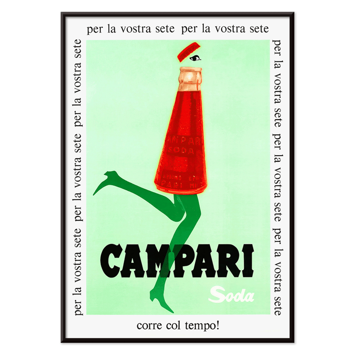 L'affiche publicitaire du soda Campari de Franz Marangolo montre une bouteille stylisée avec des pattes vertes et du texte. Affiche publicitaire pour le soda Campari de Leonetto Cappiello représentant une bouteille avec des jambes marchant sur un fond vert.