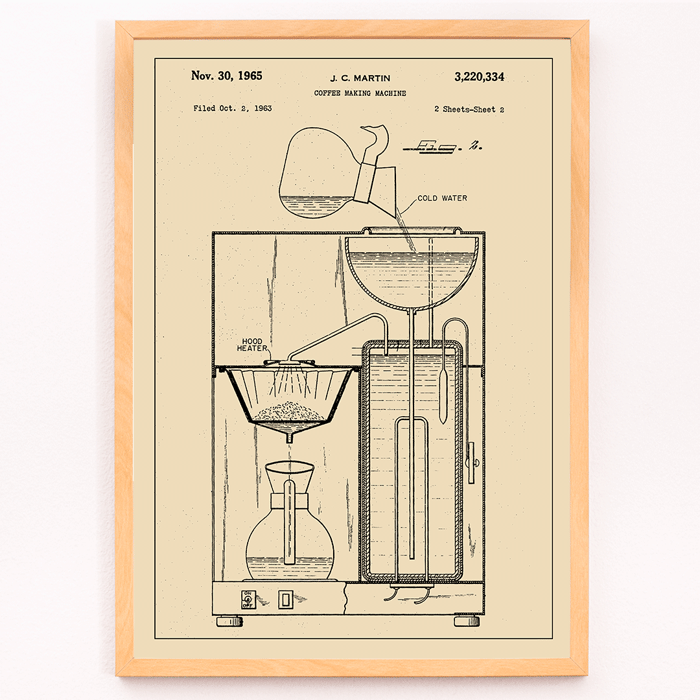 Dibujo de patente de máquina de hacer café antigua de JC Martin titulado Máquina de hacer café Póster presenta un dibujo técnico de una máquina para preparar café de JC Martin con componentes y mecanismos detallados etiquetados