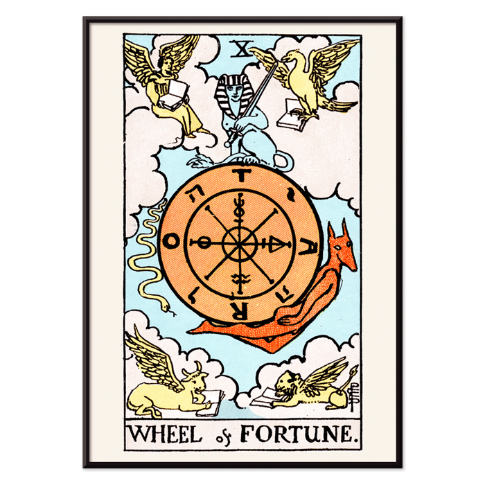 Carta del tarot La rueda de la fortuna de Rider Waite que presenta una rueda simbólica rodeada de criaturas místicas. Póster que representa la obra de arte Tarot - La Rueda de la Fortuna de Rider Waite con una rueda mística rodeada de criaturas míticas