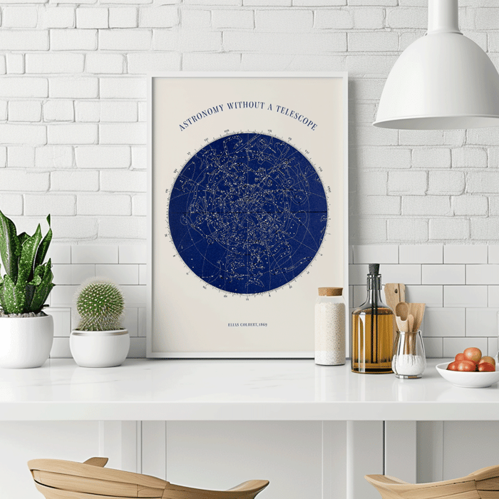 Ilustración de un mapa estelar con constelaciones Astronomía sin telescopio por Elias Colbert Póster muestra un mapa estelar titulado Astronomía sin telescopio de Elias Colbert con constelaciones celestiales en azul.