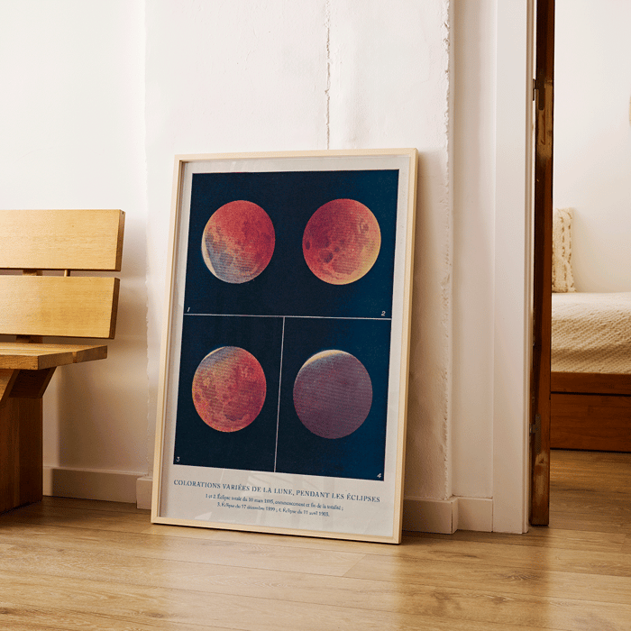 Ilustración de las variaciones de color lunar durante los eclipses de Colorations variées de la Lune de Alphonse Berget. Póster de varios colores lunares durante los eclipses titulado Colorations variées de la Lune de Alphonse Berget.