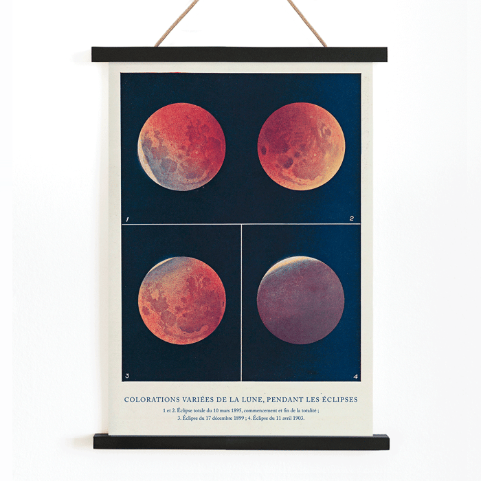 Ilustración de las variaciones de color lunar durante los eclipses de Colorations variées de la Lune de Alphonse Berget. Póster de varios colores lunares durante los eclipses titulado Colorations variées de la Lune de Alphonse Berget.