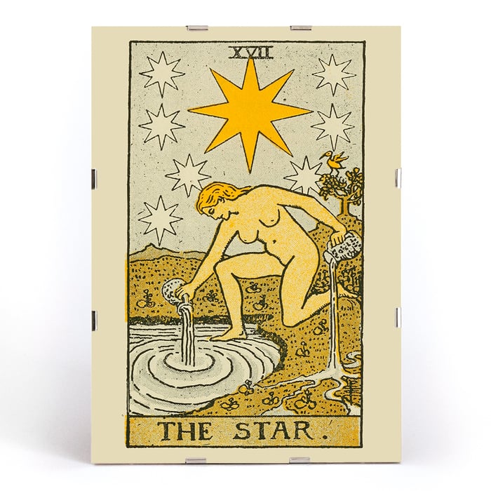 La carta del tarot La Estrella de Lauron William de Laurence presenta una mujer con jarras bajo un cielo estrellado. Póster de Tarot que presenta La Estrella de Lauron William de Laurence con una mujer vertiendo agua bajo un cielo nocturno con estrellas.