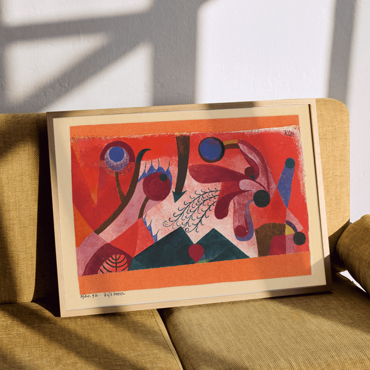 Abstrakte, lebendige geometrische Muster in „Giftige Beeren“ von Paul Klee. Ein lebendiges abstraktes Kunstposter mit dem Titel „Giftige Beeren“ von Paul Klee mit kräftigen Formen und Farben.