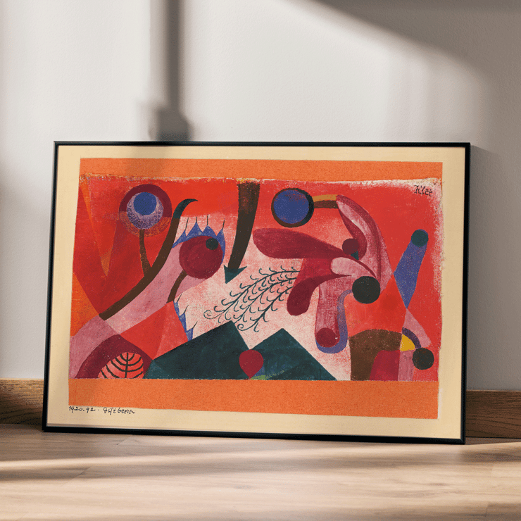 Abstrakte, lebendige geometrische Muster in „Giftige Beeren“ von Paul Klee. Ein lebendiges abstraktes Kunstposter mit dem Titel „Giftige Beeren“ von Paul Klee mit kräftigen Formen und Farben.
